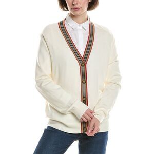 Burberry Womens  Icon Stripe Wool Cardigan, White